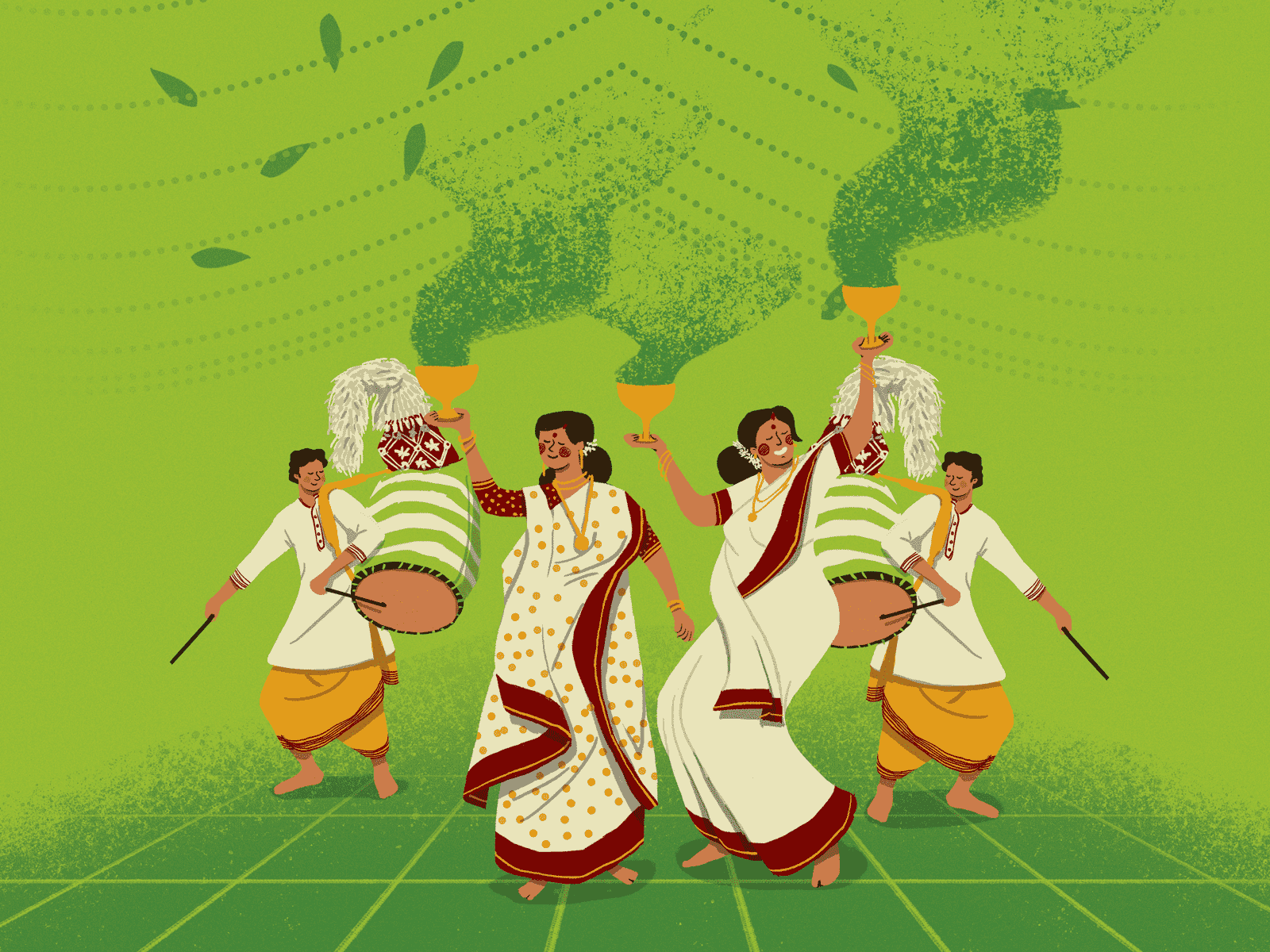 people dancing with a dhunochi illustration
