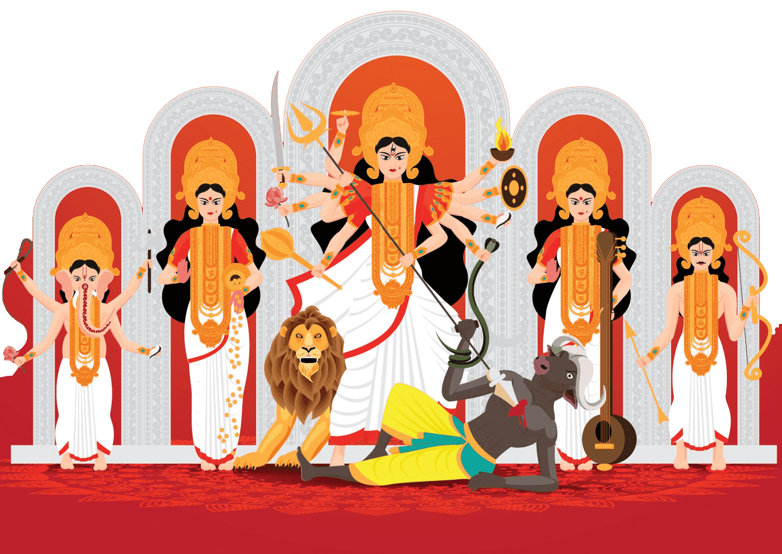 maa durga illustration with children ganesh, lakshmi, saraswati and kartik